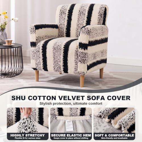 Striped Sherpa Armchair Slipcover, Stretch Plush Pet Friendly Accent Chair Cover with Elastic Bottom, Machine Washable Furniture Protector for Small Banquet Armchair