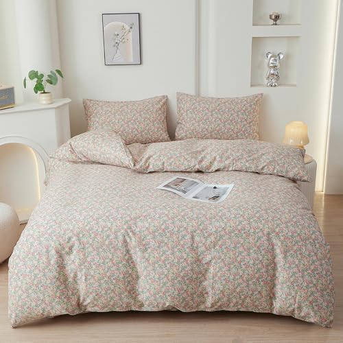 HighBuy 100% Cotton Duvet Cover Queen Size Set,Garden Floral Comforter Cover for Women Girls,Coquette Bedding Duvet Cover Set Shabby Chic Pink Floral Bedding Set Breathable Durable Luxury