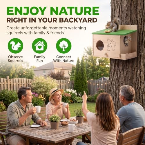 Large Squirrel Houses for Outside, Squirrels Nesting Box with Acrylic Viewing Window, Wood Squirrel Box with Feeder, Backyard Squirrel Shelter Squirrels Feeders for Outside