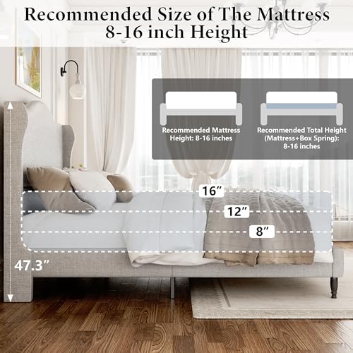 50.4'' Upholstered Tall Headboard Queen Bed Frame, Beige