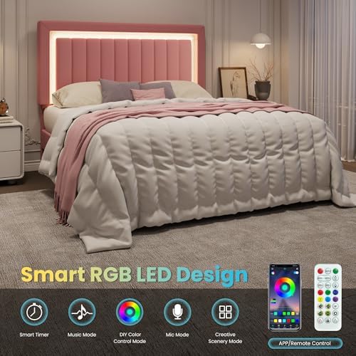 SHA CERLIN Full Size Velvet Bed Frame with LED Light, Pink