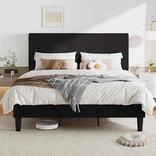 Allewie King Bed Frame, Corduroy Tufted Headboard, Black
