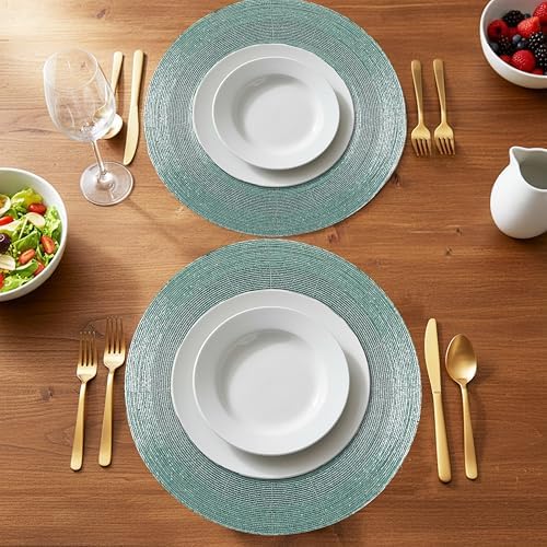 ALPHA Living HOME Beaded Placemats 13 Inch Aqua Round Glass Table Mats