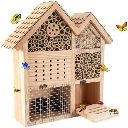 Large Wooden Insect Hotel for Outdoors - Waterproof Bee House & Butterfly Habitat with Bamboo Tubes and Pine Cones-Garden Insect for Mason Bees, Ladybugs, and Beneficial Bugs-House Shape