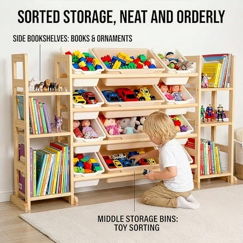 Amdermi Kids Toy Storage Organizer, 52 Inch White 6-Shelf Bookcase with 12 Bins, Cubby Toy Organizer for Toddler Playroom, Bedroom, Nursery