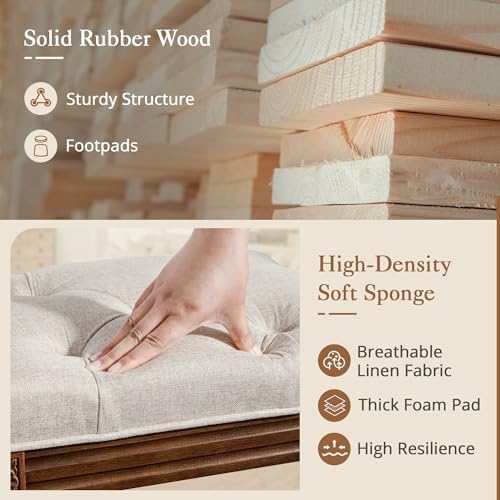 LUE BONA Upholstered Fabric Vanity Bench Seat, Makeup Stools for Vanity, Square Tufted Ottoman Bench with Carved Dark Brown Legs for Bedroom Living Room, Linen Color