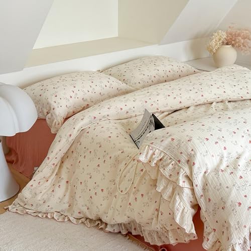 Red Flower Duvet Cover Set Muslin Cotton Full(80"x90"),Rabbit