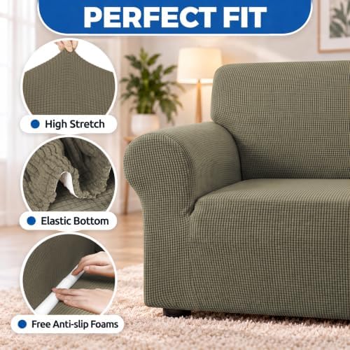 KEKUOU Stretch Couch Covers for Sofa, 3 Cushion Couch Slipcover,Khaki