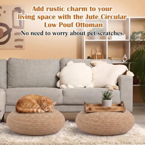 Briwooody 2 Pcs Handmade Round Water Hyacinth Low Pouf Ottoman