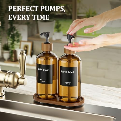 MASADI Amber Soap Dispenser Set with Tray, Dish and Hand soap Lotion Dispenser Set with Wooden Pump for Kitchen and Bathroom Decor for Counter, Modern Vintage Liquid Soap Dispensers