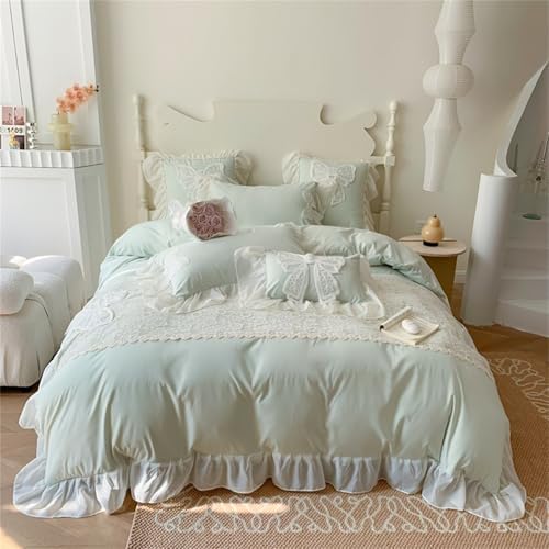 MOOWOO Lovely Bow Chic Duvet Cover Set- Ruffle Lace Polyester Comforter Cover -Girl French Princess Style Bedding-2 Piece Twin Duvet Cover with Zipper Closure-No Comforter-Green,Twin Size