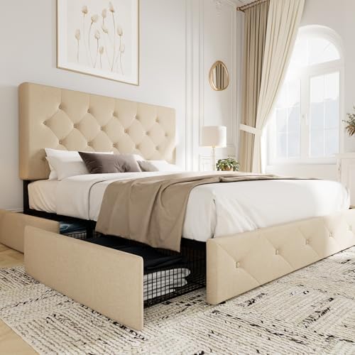 Allewie Queen Size Storage Bed Frame with 4 Underbed Drawers, Upholstered Platform Bed with Adjustable Headboard, Diamond Button Tufted, Easy Assembly, Noise-Free, No Box Spring Needed, Beige