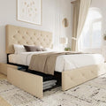 Allewie Queen Size Storage Bed Frame with 4 Underbed Drawers, Upholstered Platform Bed with Adjustable Headboard, Diamond Button Tufted, Easy Assembly, Noise-Free, No Box Spring Needed, Beige