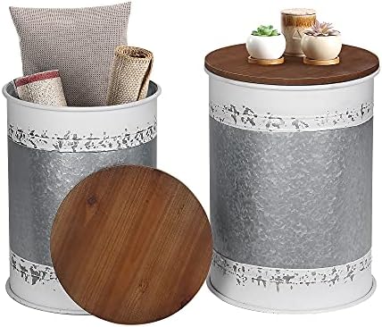 RUSTOWN Farmhouse Accent Side Table, Set of 2 Galvanized Storage Ottoman