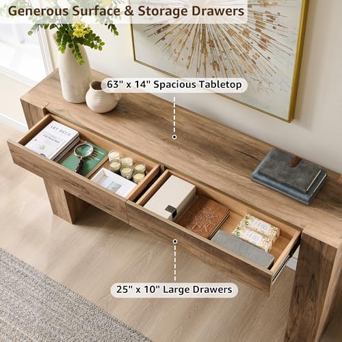 OKD 63" Console Table with Drawers, Thick Block Entryway Table, Rustic Oak