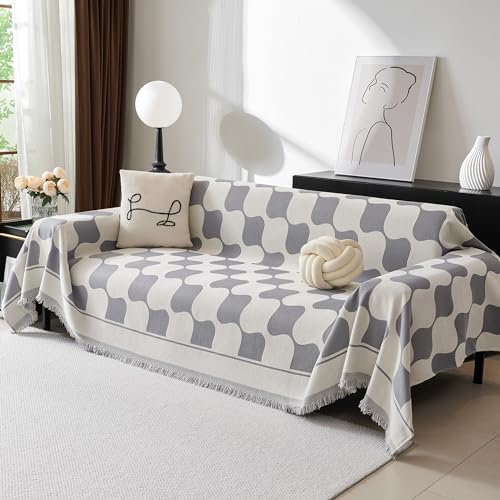 MEETSKY Oversized Couch Cover for Dogs Washable, Jacquard Couch Covers for 3 Cushion Couch Sofa, Sofa Slipcover for Sectional L Shape Chenille Throw Couch for Pets, 91" x 150", Grey Checkerboard