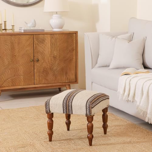 Handmade Jute Ottoman Stool with Wooden Legs | Square Upholstered Foot Rest & Accent Seating | Woven Vanity Stool for Living Room, Bedroom, Hall, Entryway & Home Décor (White Wool)