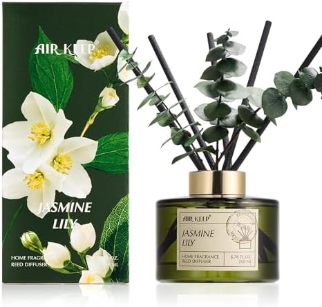 Airkeep Reed Diffuser Set with 6.76 fl oz Jasmine Lily Scent Essential Oils and 3 Leaves & 8 Diffuser Sticks,Bathroom Shelf Decor & Air Freshener, House Bedroom Office Decor & Gifts