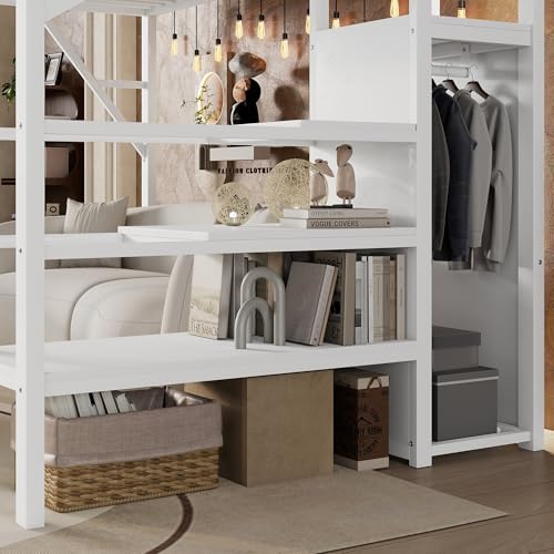 Twin Size Metal Loft Bed Frame with Convertible Staircase, White