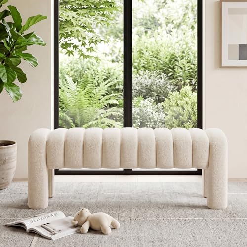 43.3" End of Bed Bench, Upholstered Linen Bench, Beige