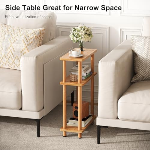 Apicizon Small Narrow Side Table, 3-Tier Skinny End Table, Natural
