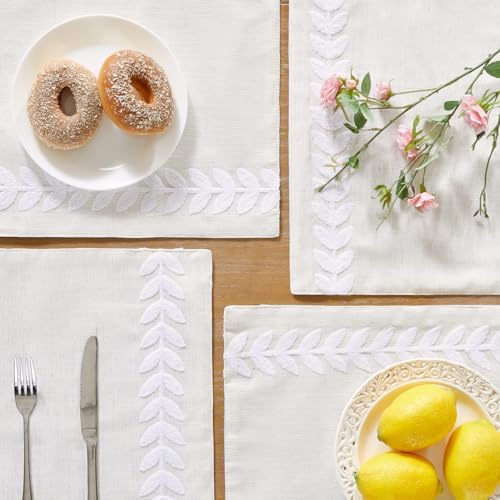 Wracra Embroidered Place Mats, White Rustic Placemats Set of 5