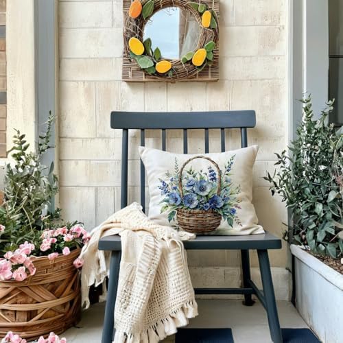 7COLORROOM 2Pack Blue Flower Pillow Covers Outdoor Garden Decoration Cushion Covers Farmhouse Rustic Colorful Spring Flower Home Décor Pillowcases 18x18 inch for Patio Sofa Bed(Blue)