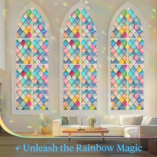 Haton Stained Glass Window Film, Rainbow Lattice Stickers, 29.5" x 157.4"