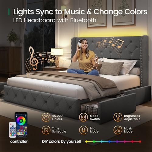 LARMACE Queen Size Bed Frame with LED Lights and 4 Storage Drawers Linen Upholstered Platform Bed Frame with 47.2" Tall Tufted Headboard Wingback, No Box Spring Needed, Easy to Assemble, Grey
