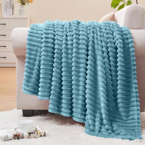 BEDELITE 3D Ribbed Washed Blue Fleece Throw Blanket for Couch, 50x60 Inch