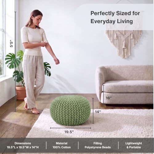 · REDEARTH · Round Pouf Ottoman - Hand Knitted Boho Poof Footrest - Kiwi