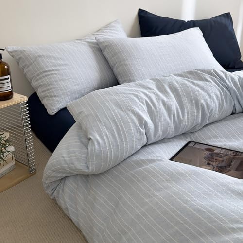 Cottagecore Light Blue Striped Duvet Cover Queen Textured Bedding Set 3Pcs