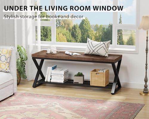 LVB Rustic Brown Entryway Bench, 47” Industrial Shoe Bench with Storage