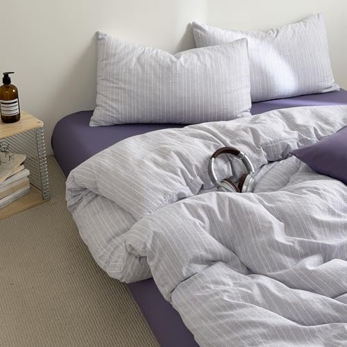 Vintage Lilac Striped Duvet Cover King 3Pcs Cottage Textured Bedding Set