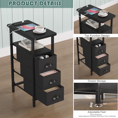 shtmec Narrow End Table Set of 2 with Charging Station, LED Side Tables Set 2 with Fabric Drawers, Small Bedside Tables Nightstands for Small Space, Slim Sofa Couch Table for Livingroom,Black