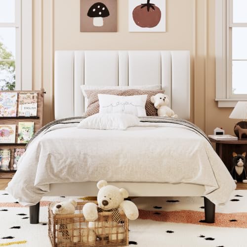 SHA CERLIN Twin Size Velvet Bed Frame with Adjustable Headboard, White