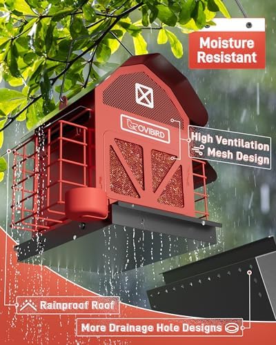 Bird Feeders for Outdoors Hanging, 5LBS Large Bird Feeder with 2 Suet Cage, Red Barn Metal Birds Feeder for Outside, Weather Resistant Cardinal Feeders, ldeal Birds Watching Gifts (Red)