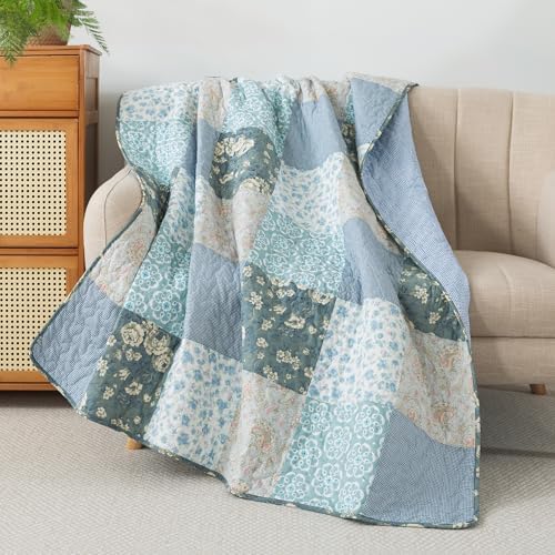 SLPR - Cotton Quilted Throw Blanket, 50" x 60" Blue Floral, Wildflowers