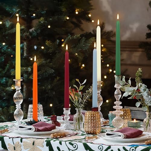 YOROXRG 24 Colored Taper Candles, 7-8 Hours Burn Time, Unscented, Smokeless and Dripless, 0.75 x 10 Inch Dinner Candle Set for Household, Wedding, Party and Home Décor Candlesticks