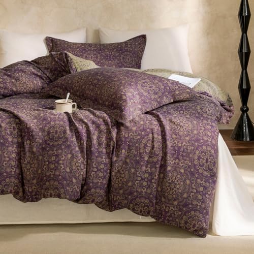 Jacquard Flower Duvet Cover Twin,Purple Green Floral Duvet Cover Set Yarn-Dyed Cotton Boho Medallion Bedding Set,Retro Reversible Duvet Cover with Zipper Ties