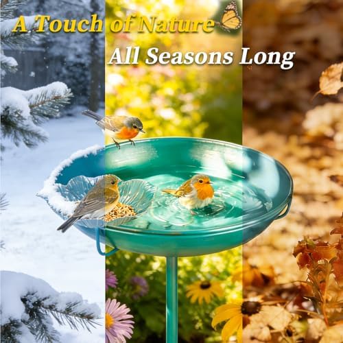 Mellbree Bird Bath for Outside 10", Metal Freestanding 10" Dia 39" H Lake Blue Gold Gilding Birdbath, Multi-Functional for Garden Patio Yard Lawn Outdoor Decor