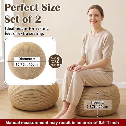 Briwooody 2 Pcs Handmade Round Jute Weave Low Pouf Ottoman
