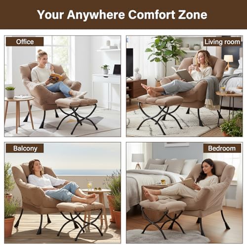 Welnow Lazy Chair with Ottoman, Reading Chair with Footrest, Light Brown