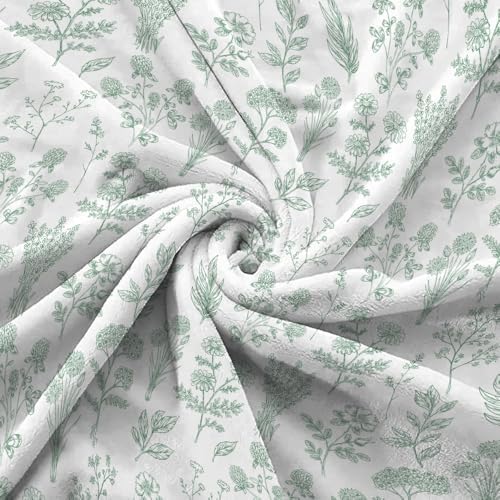 Floral Fuzzy Blanket Green Floral Throw Blanket, Botanical Flowers Blankets, Soft, Flannel, Warm, Boho Flowers Bed Blankets All Season for Couch Bedroom Living Room 50X70 Inch