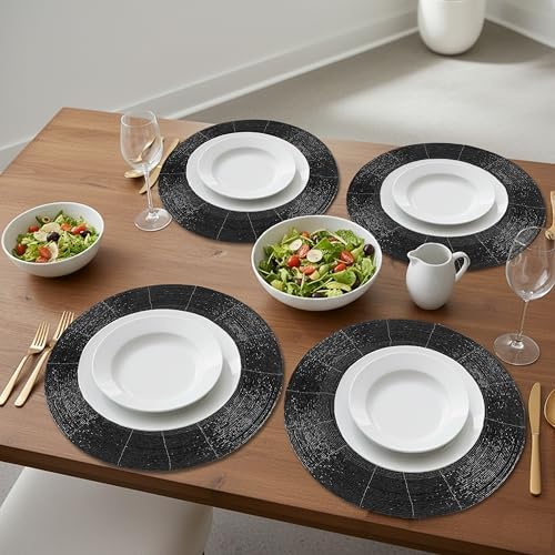 Round Beaded Placemats Set of 4 13 Inch Jet Black Handmade Glass Chargers