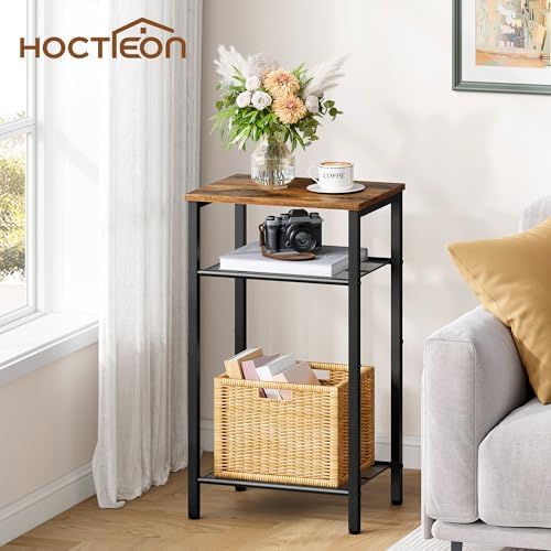Hoctieon 2-Set 3 Tier End Table, Telephone Table Set of 2, Tall Side Table with Storage Set of 2, Small Nightstand for Small Spaces, Metal Frame, for Living Room, Bedroom, Sofa Couch, Rustic Brown