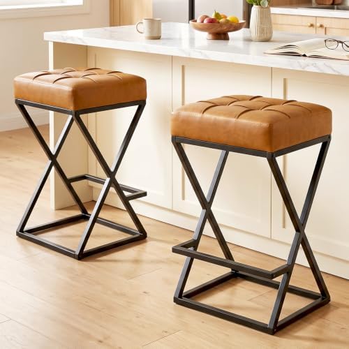 Bar Stools, 26 Inch Counter Height, Faux Leather Brown, Set of 2