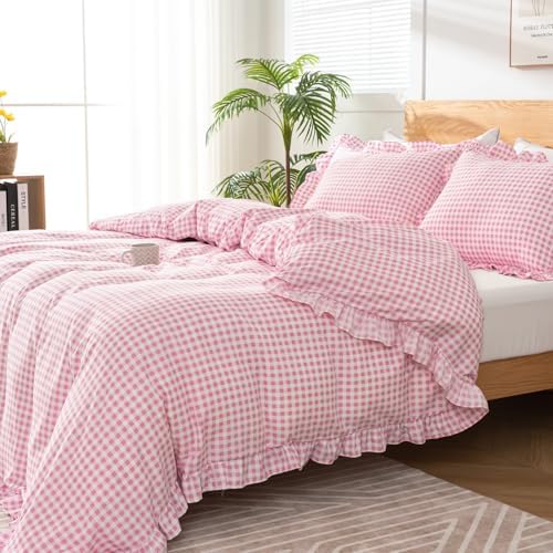 Gingham Duvet Cover King Size, 3 Pieces Soft Breathable Microfiber Plaid Duvet Cover with Zipper Closure & 2 Pillow Shams, Ruffle Farmhouse Vintage Decor, Pink
