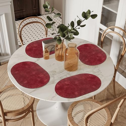 ADRIMER Oval Placemats Set of 8, Wipeable Faux Leather, Wine Red