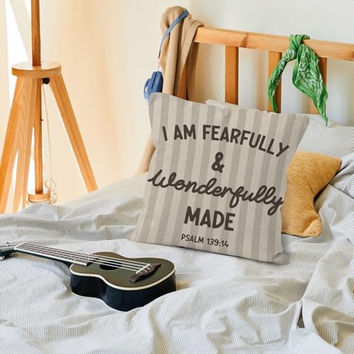 Christian Nursery Throw Pillow Cover 18x18, Bible Verse I Am Fearfully and Wonderfully Decorative Pillow Covers for Kids Nursery Room Bedroom Playroom, Religious Accent Pillows Cover Pillowcases